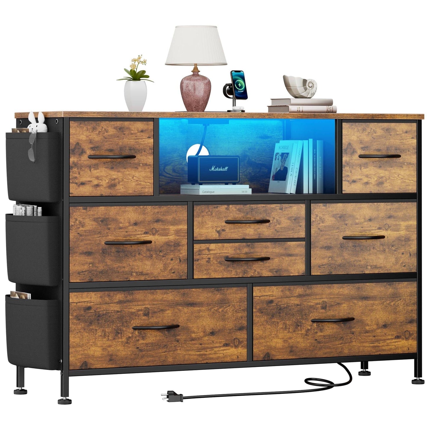 Laintene 8 Drawer Dresser, Dresser with Power Outlets LED Lights, Fabric Dressers for Bedroom TV Stand with Side Pocket, Chest of Drawers for up to 50" TV