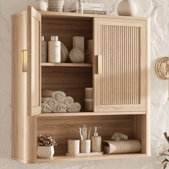 Laintene Bathroom Storage Cabinet, Medicine Cabinet with Adjustable Wood Shelf & Doors, Over The Toilet Storage Wall Cabinet for Laundry Room & Kitchen & Living Room (Natural Oak)