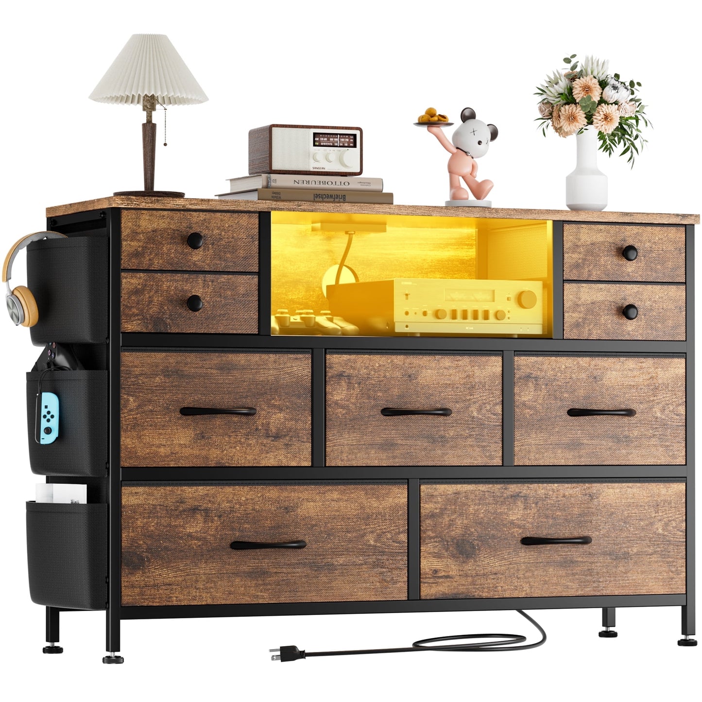 Laintene Bedroom Dresser with LED Lights, 9-Drawer Fabric Chest of Drawers, Dresser TV Stand with Power Outlet and Side Pocket, Wide Storage Unit for up to 50" TV, Brown