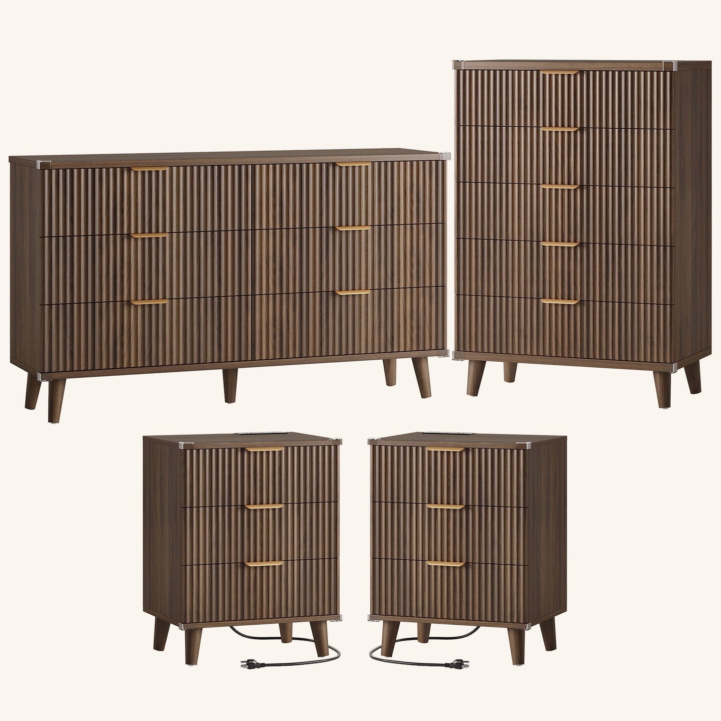 Laintene Boho Bedroom Set of 4 - 6 Drawer Dresser, 5 Drawer Vertical Dresser & 2 Nightstands with 3 Drawers & USB Charging, Fluted Wooden Storage for Modern Bedroom, Walnut