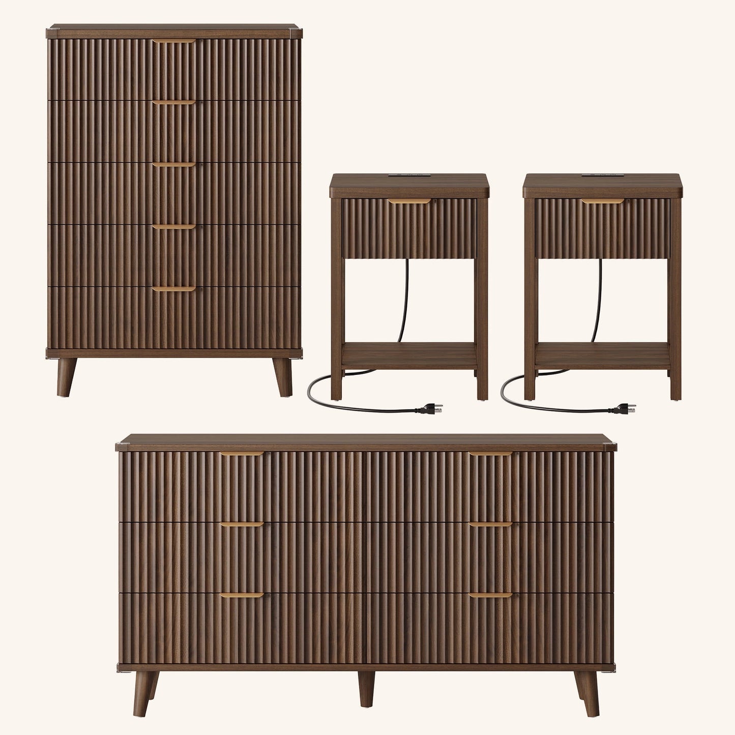 Laintene Boho Bedroom Set of 4 - 6 Drawer Dresser, 5 Drawer Vertical Dresser & 2 Nightstands with Drawer & USB Charging, Fluted Wooden Storage for Modern Bedroom, Walnut