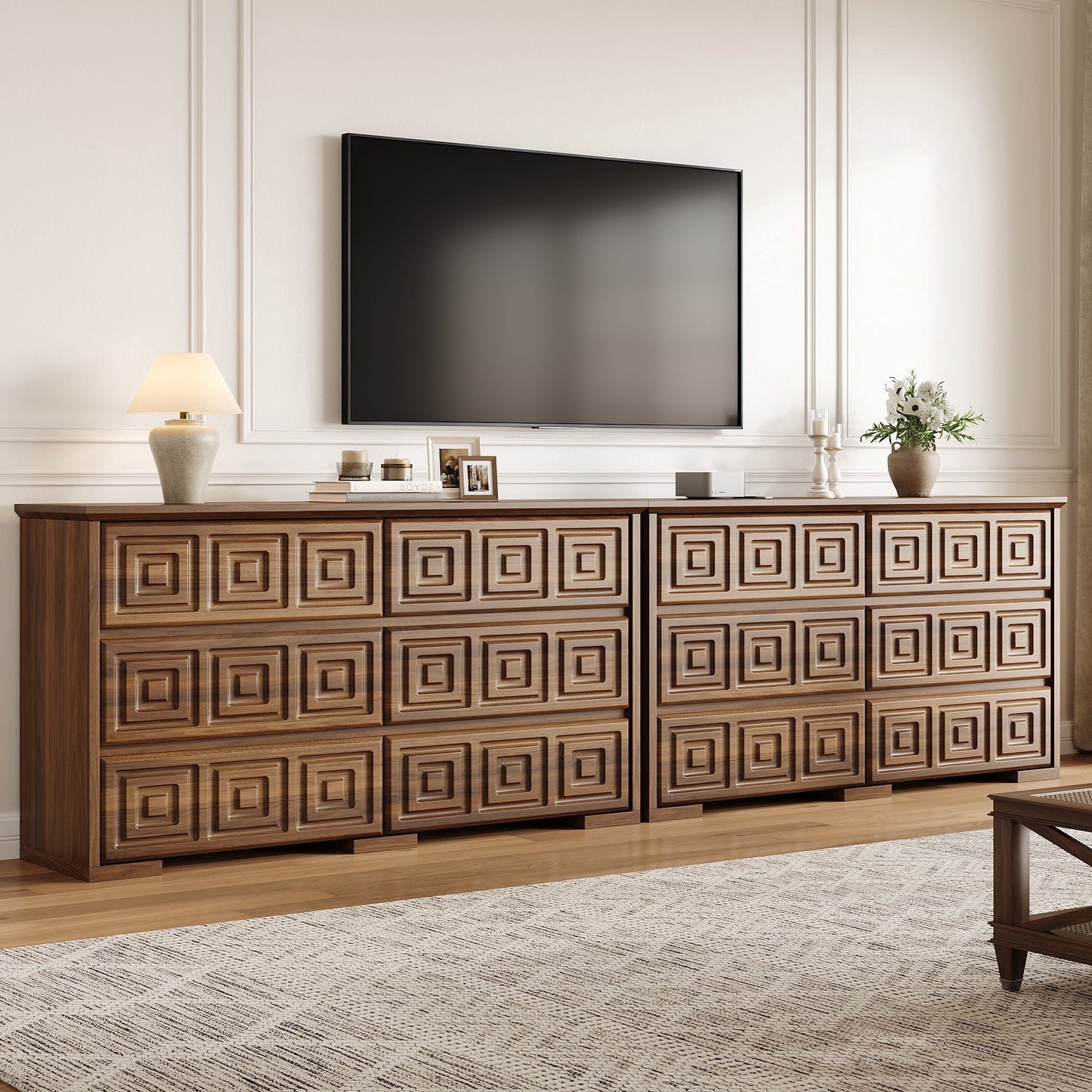 LainTene Farmhouse 6 Drawer Dresser Set of 2 for Bedroom, 54" Wide Walnut Wood Dressers with Carved Panel, Rustic Vintage Storage Cabinet