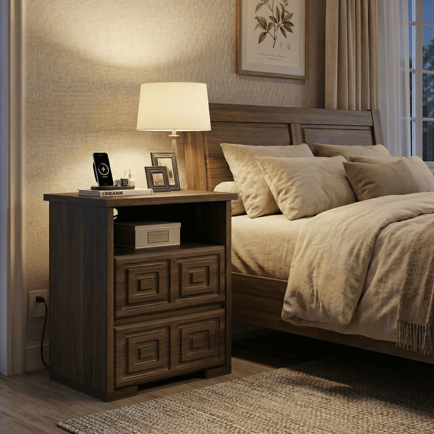 Laintene Farmhouse Nightstand with Charging Station, Wood Nightstand with 2 Drawers & Open Shelf, Bedside Table for Bedroom or Living Room, Walnut
