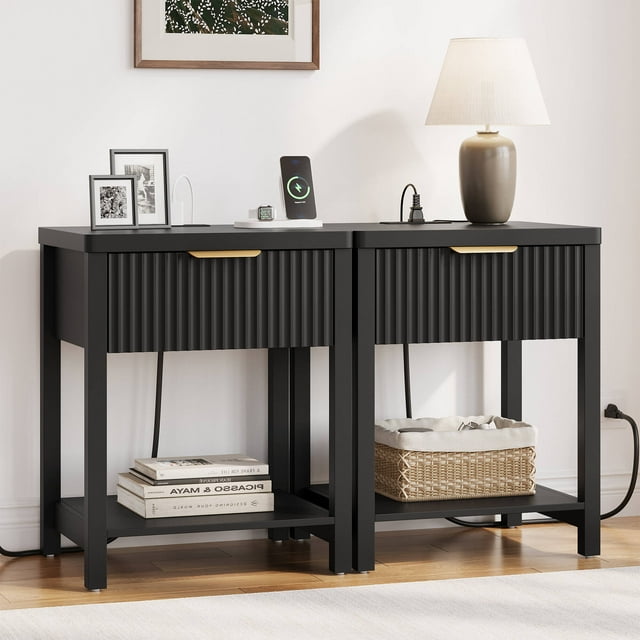 Laintene 3-Piece Boho Bedroom Set - 6-Drawer Dresser & 2 Nightstands with Drawer & USB Charging, Fluted Wooden Storage, Modern Dresser & Nightstand Combo, Black