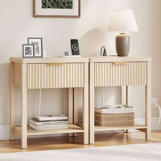 Laintene Fluted Nightstand Set of 2 - Modern Bedside Table with Drawer & Open Shelf, 2 AC Outlets + USB &Type-C for Bedroom & Living Room, Natural