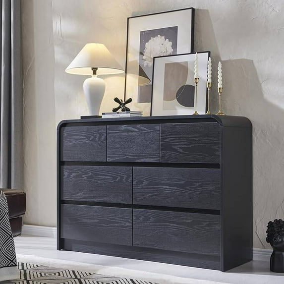 Laintene Modern 6 Drawers Dresser for Bedroom, 53" Wide Wood Dressers & Chests of Drawers w/Curved Profile Design, Mid Century Modern Dresser w/Natural Texture for Bedroom, Living Room, Black Oak