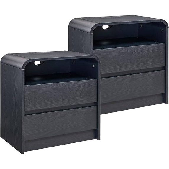 Laintene Modern Nightstand Set of 2 with Charging Station, 23.6'' Wide Wood Bedside Table w/2 Storage Drawers, Large Mid Century End Table for Bedroom, Living Room, Curved Profile Design,Black Oak
