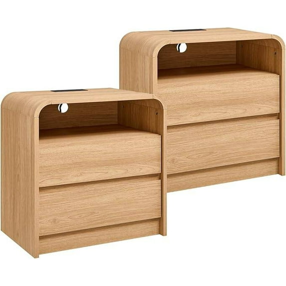 Laintene Modern Nightstand Set of 2 with Charging Station, 23.6'' Wide Wood Bedside Table w/2 Storage Drawers, Large Mid Century End Table for Bedroom, Living Room, Curved Profile Design,Natural Oak
