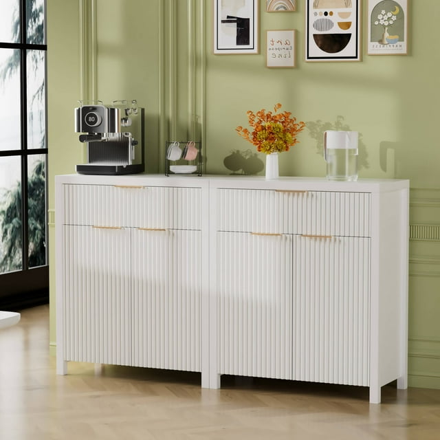 Laintene Sideboard Storage Cabinet Set of 2, Fluted Buffet Cabinet with Adjustable Shelf and Drawer for Dining Living Room, Entryway, White