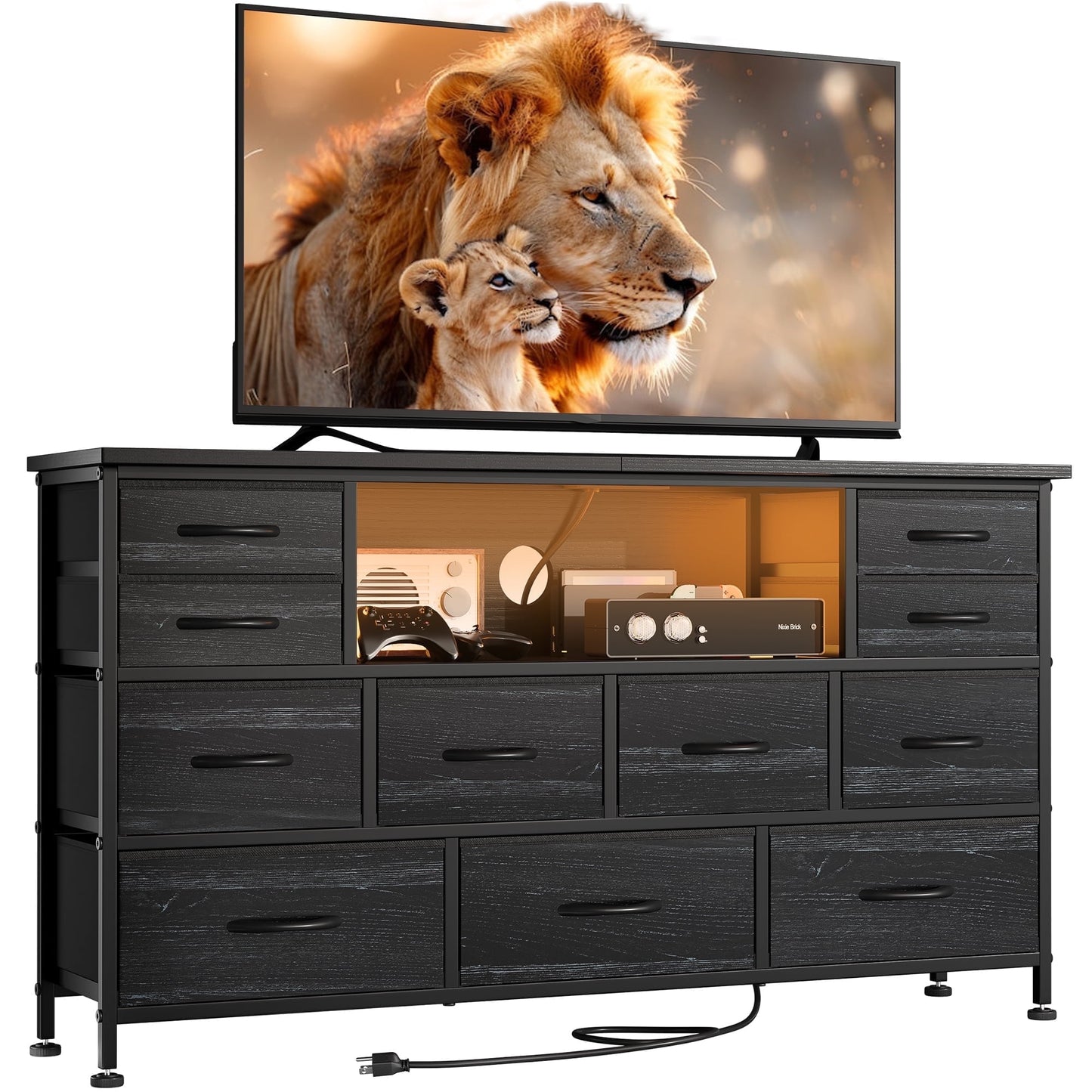 Laintene TV Stand 60 inch, Dresser for Bedroom with LED Lights Power Outlets, 11 Drawer Dresser TV Stands for Living Room, Fabric Chest of Drawers, Black