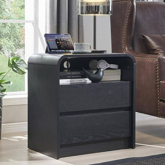 Laintene Tall Modern Nightstand with Charging Station, 23.6'' Wide Wood Bedside Table w/2 Storage Drawers, Large Mid Century End Table for Bedroom, Living Room, Curved Profile Design,Black Oak