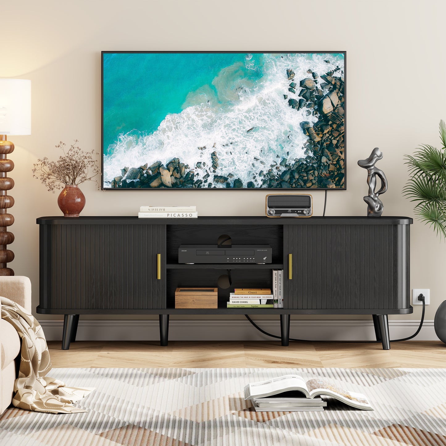 LainTene 65 Inch TV Stand with Sliding Doors – Modern Fluted Media Console for Living Room, Power Outlets (2 USB + 2 AC), Adjustable Shelves, Black Entertainment Center