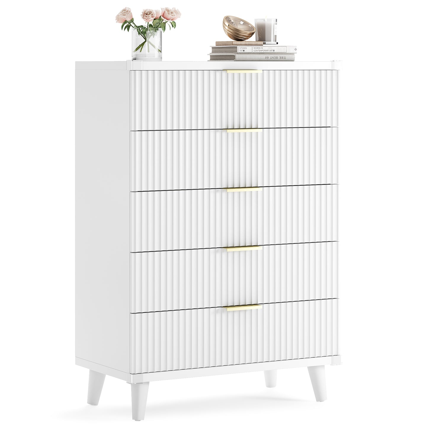 Laintene 5-Drawer Tall Dresser - Slim Boho Storage Cabinet with Fluted Design, Solid Wooden Chest for Bedroom, Closet & Small Spaces, White