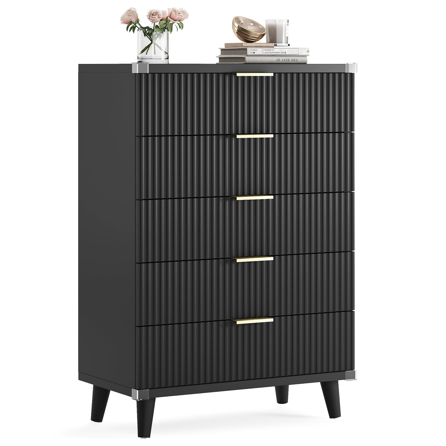 Laintene 5-Drawer Tall Dresser - Slim Boho Storage Cabinet with Fluted Design, Solid Wooden Chest for Bedroom, Closet & Small Spaces, Black