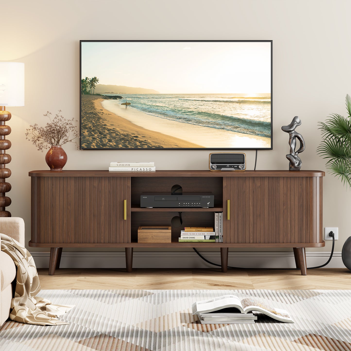 LainTene 65 Inch TV Stand with Sliding Doors – Modern Fluted Media Console for Living Room, Power Outlets (2 USB + 2 AC), Adjustable Shelves, Walnut Entertainment Center