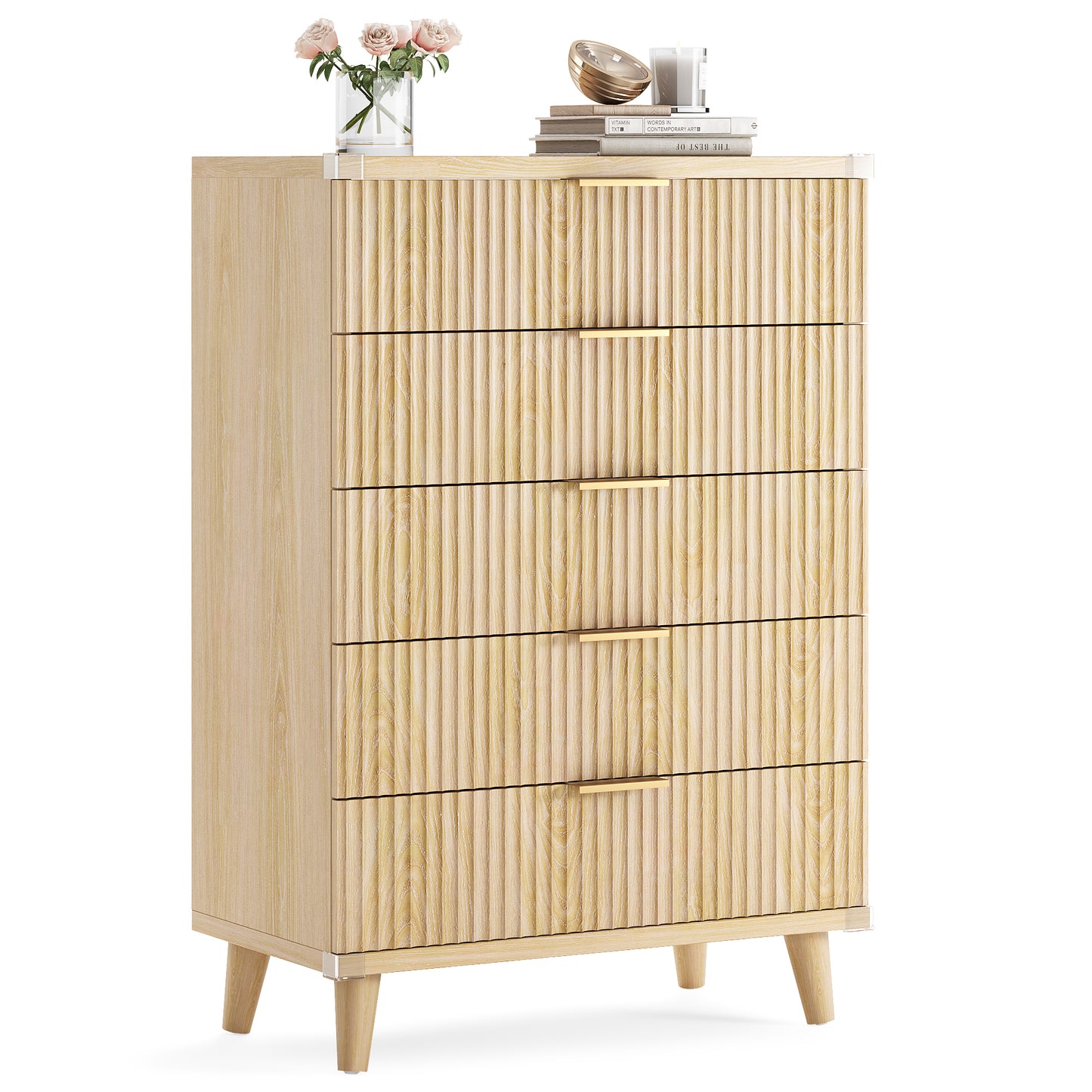 Laintene 5-Drawer Tall Dresser - Slim Boho Storage Cabinet with Fluted Design, Solid Wooden Chest for Bedroom, Closet & Small Spaces, Natural