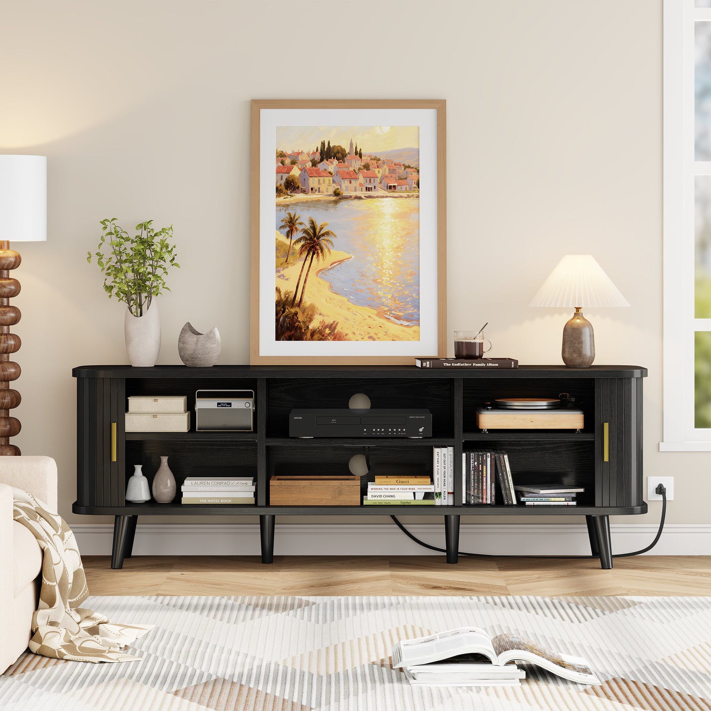 LainTene 65 Inch TV Stand with Sliding Doors – Modern Fluted Media Console for Living Room, Power Outlets (2 USB + 2 AC), Adjustable Shelves, Black Entertainment Center