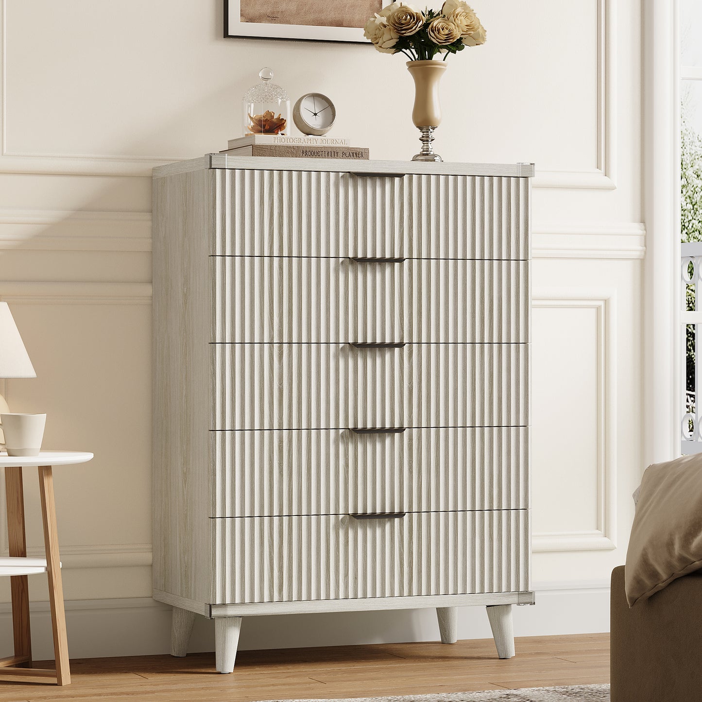 Laintene 5-Drawer Tall Dresser for Bedroom, Slim Boho Bedroom Furniture with Fluted Wave Design, Solid Wood Dresser, Closet & Small Spaces, White Oak