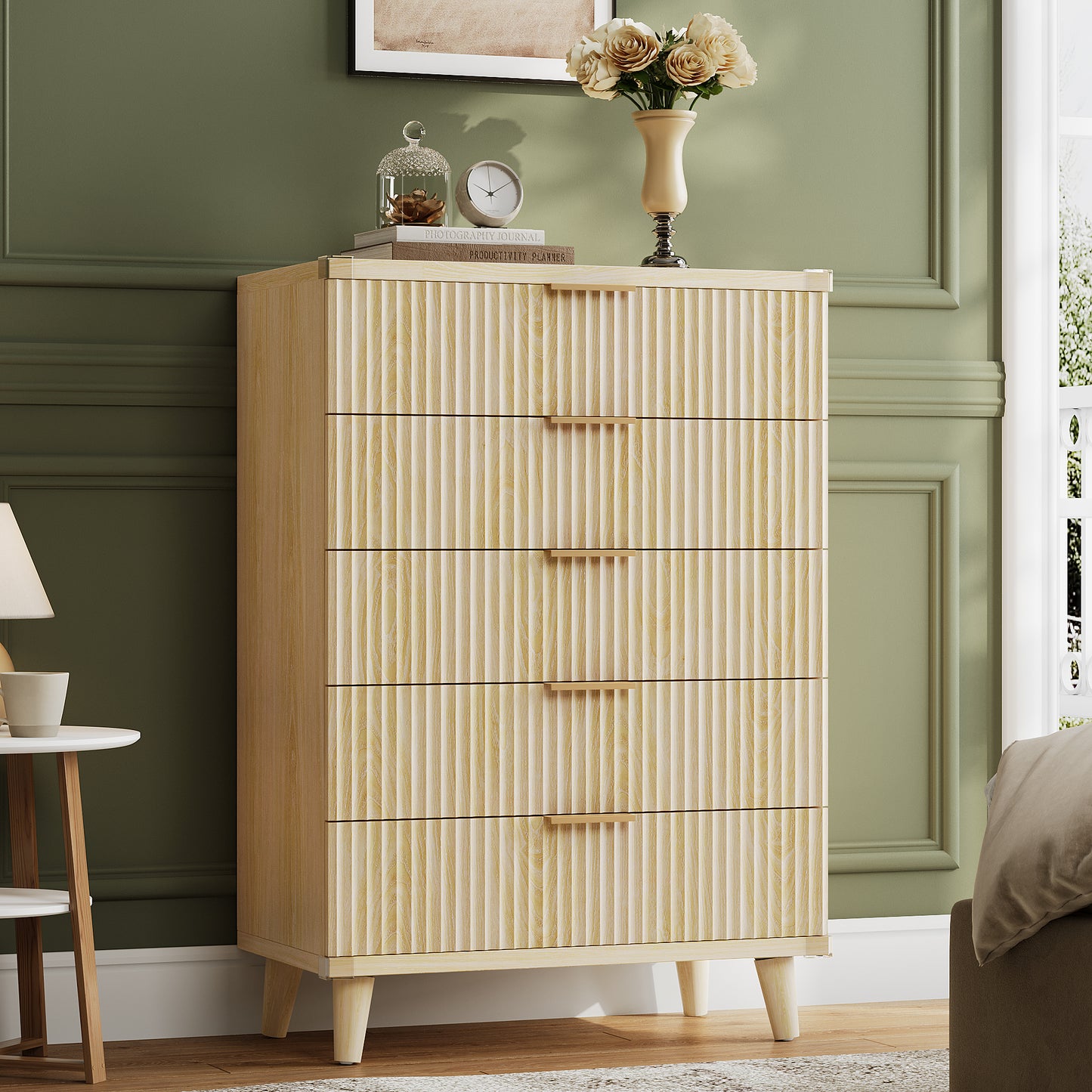 Laintene Boho Bedroom Set of 4 - 6 Drawer Dresser, 5 Drawer Vertical Dresser & 2 Nightstands with Drawer & USB Charging, Fluted Wooden Storage for Modern Bedroom, Natural