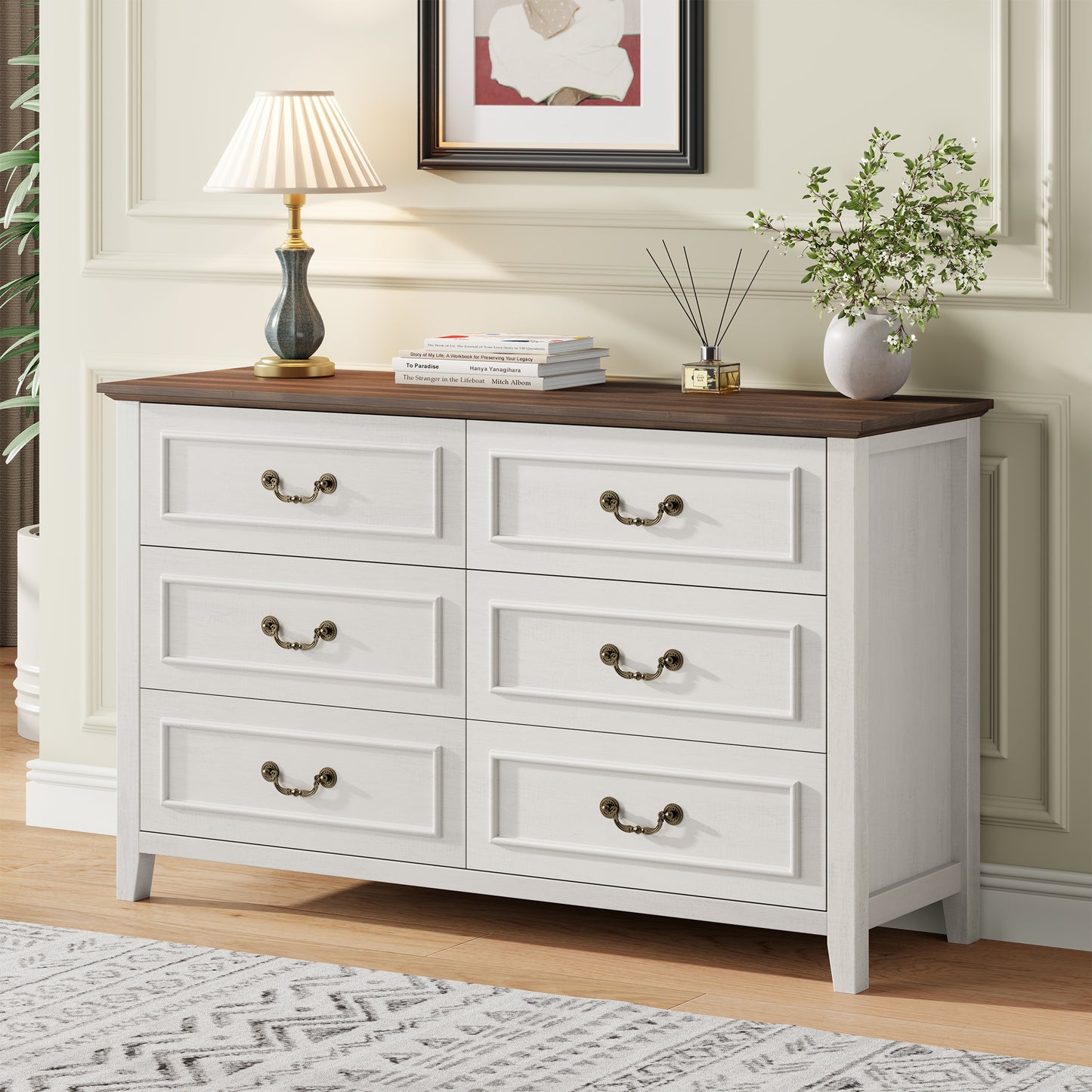 LainTene Farmhouse 3-Piece Dresser Set - 1x6-Drawer Storage Dresser & 2x Nightstands with USB Ports, Solid Wood Vintage Bedroom Furniture, Oak White