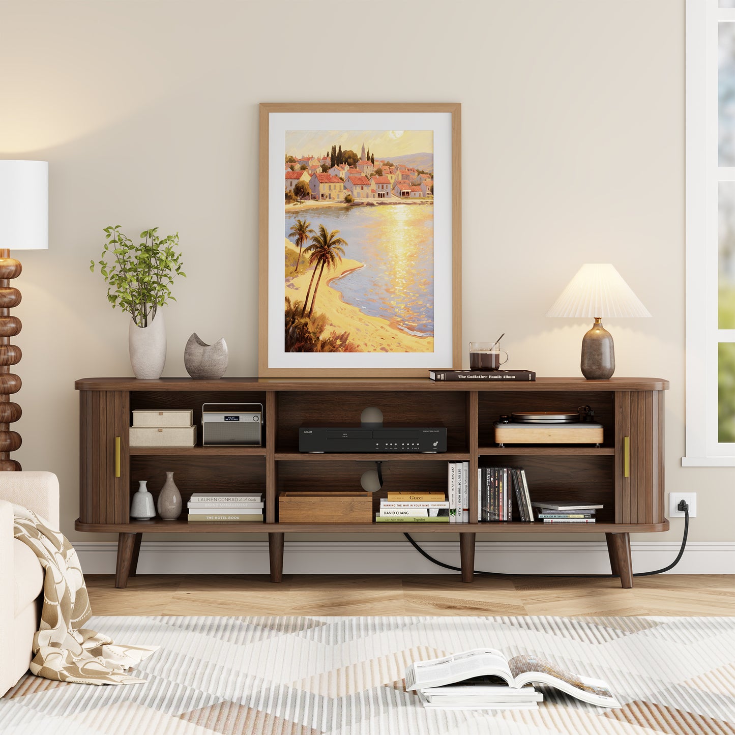 LainTene 65 Inch TV Stand with Sliding Doors – Modern Fluted Media Console for Living Room, Power Outlets (2 USB + 2 AC), Adjustable Shelves, Walnut Entertainment Center
