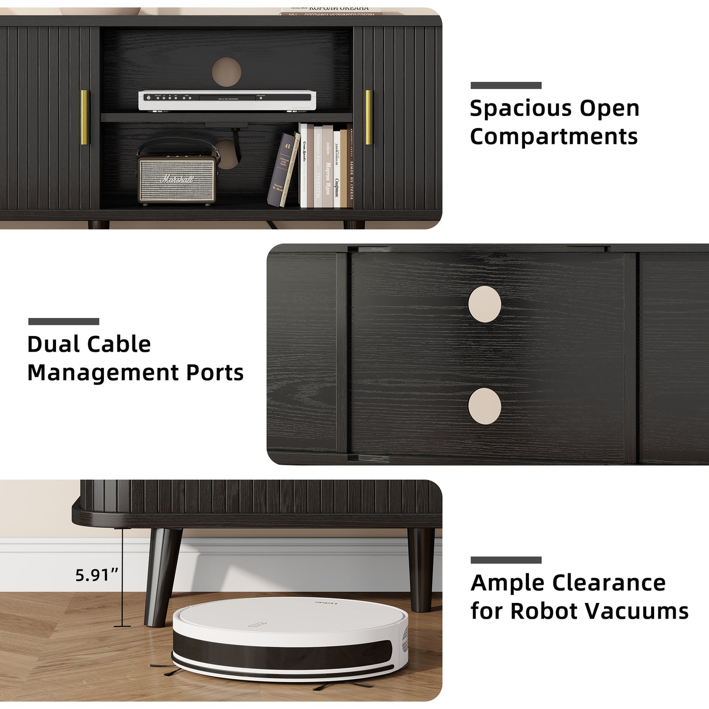 LainTene 65 Inch TV Stand with Sliding Doors – Modern Fluted Media Console for Living Room, Power Outlets (2 USB + 2 AC), Adjustable Shelves, Black Entertainment Center