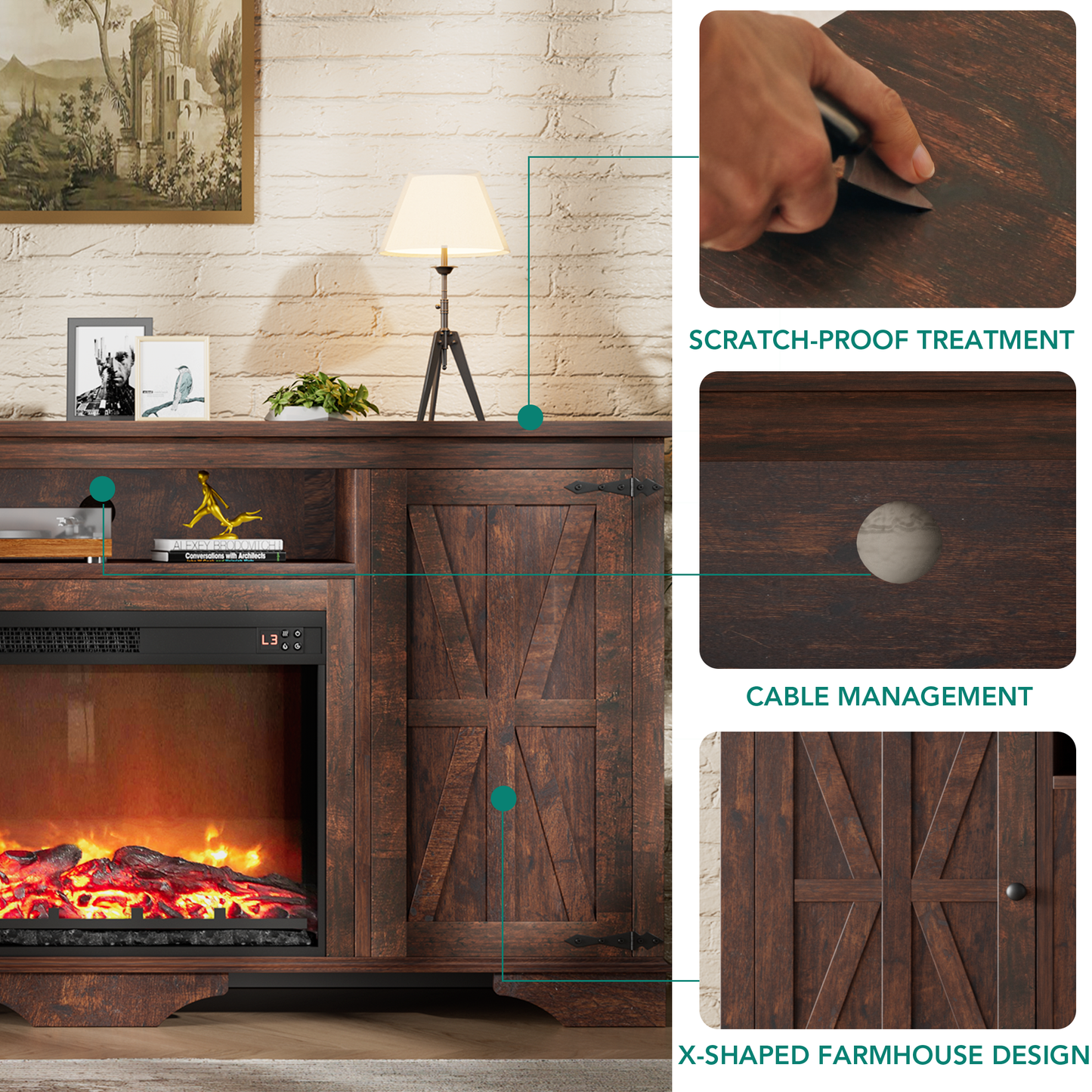 Laintene TV Stand with Fireplace for 65" TV, Electric Fireplace Entertainment Center with Storage Cabinets & Adjustable Shelves, 1400W Heater Farmhouse TV Stand for Living Room, Brown