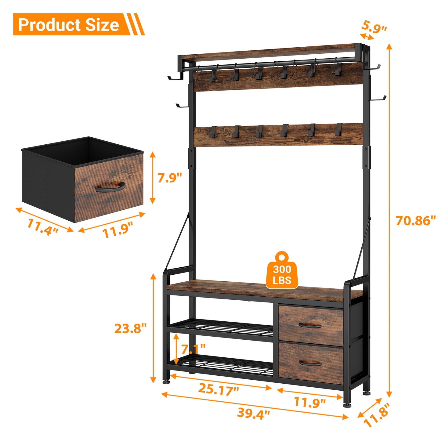 Laintene Hall Tree with Bench - 6-in-1 Wider 39.4" Entryway Organizer, 24 Adjustable Hooks & 2 Drawers, Hanging Rod & Top Shelf, 300lb Weight Capacity for Hallway and Living Room, Rustic Brown