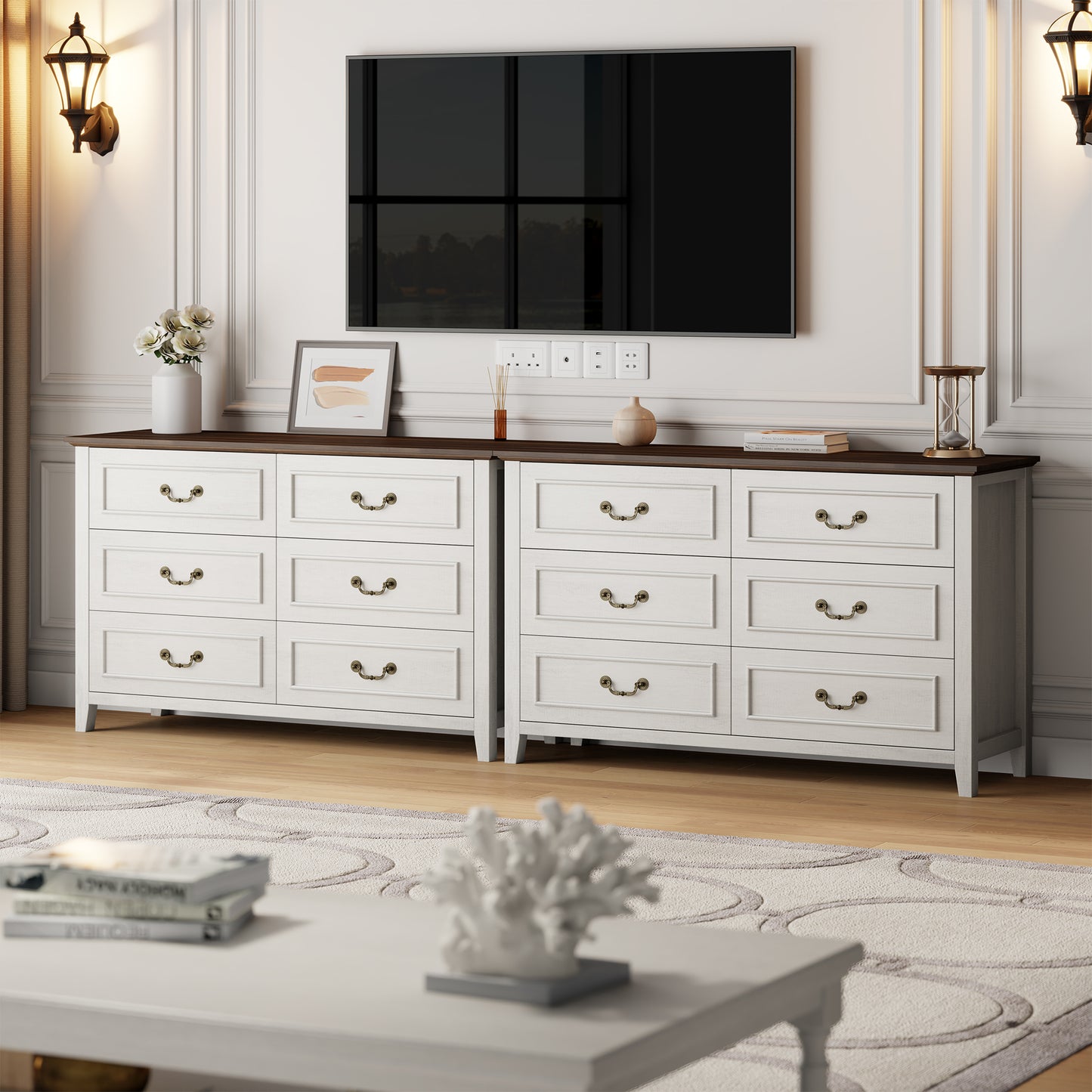 LainTene Farmhouse 6-Drawer Dresser - Rustic White Wood Dresser with Antique Bronze Handles, Vintage Storage Chest for Bedroom, Living Room & Entryway