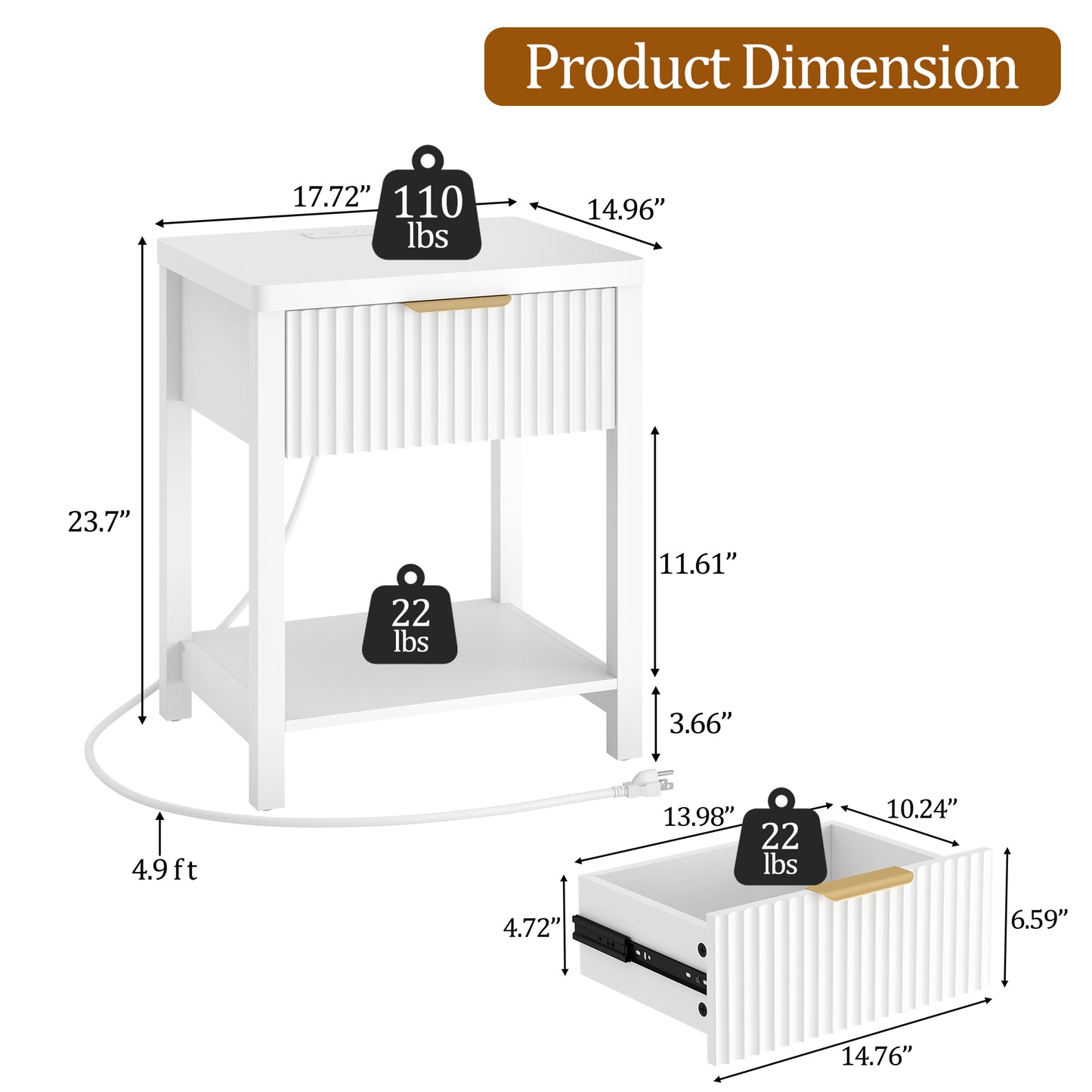 Laintene Fluted Nightstand with Charging Station - Modern Bedside Table with Drawer & Open Shelf, 2 AC Outlets + USB &Type-C for Bedroom & Living Room, White