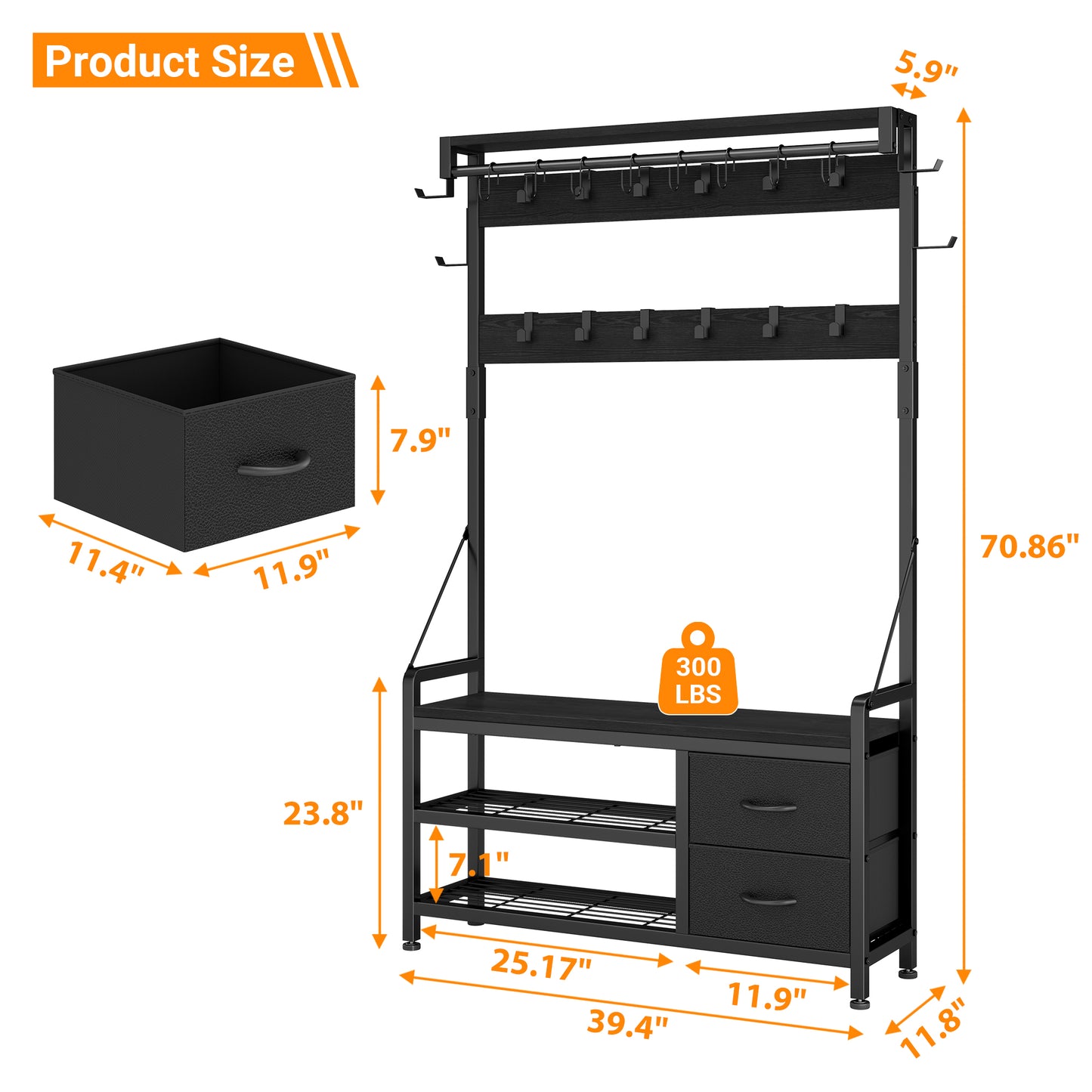 Laintene Hall Tree with Bench - 6-in-1 Wider 39.4" Entryway Organizer, 24 Adjustable Hooks & 2 Drawers, Hanging Rod & Top Shelf, 300lb Weight Capacity for Hallway and Living Room, Black
