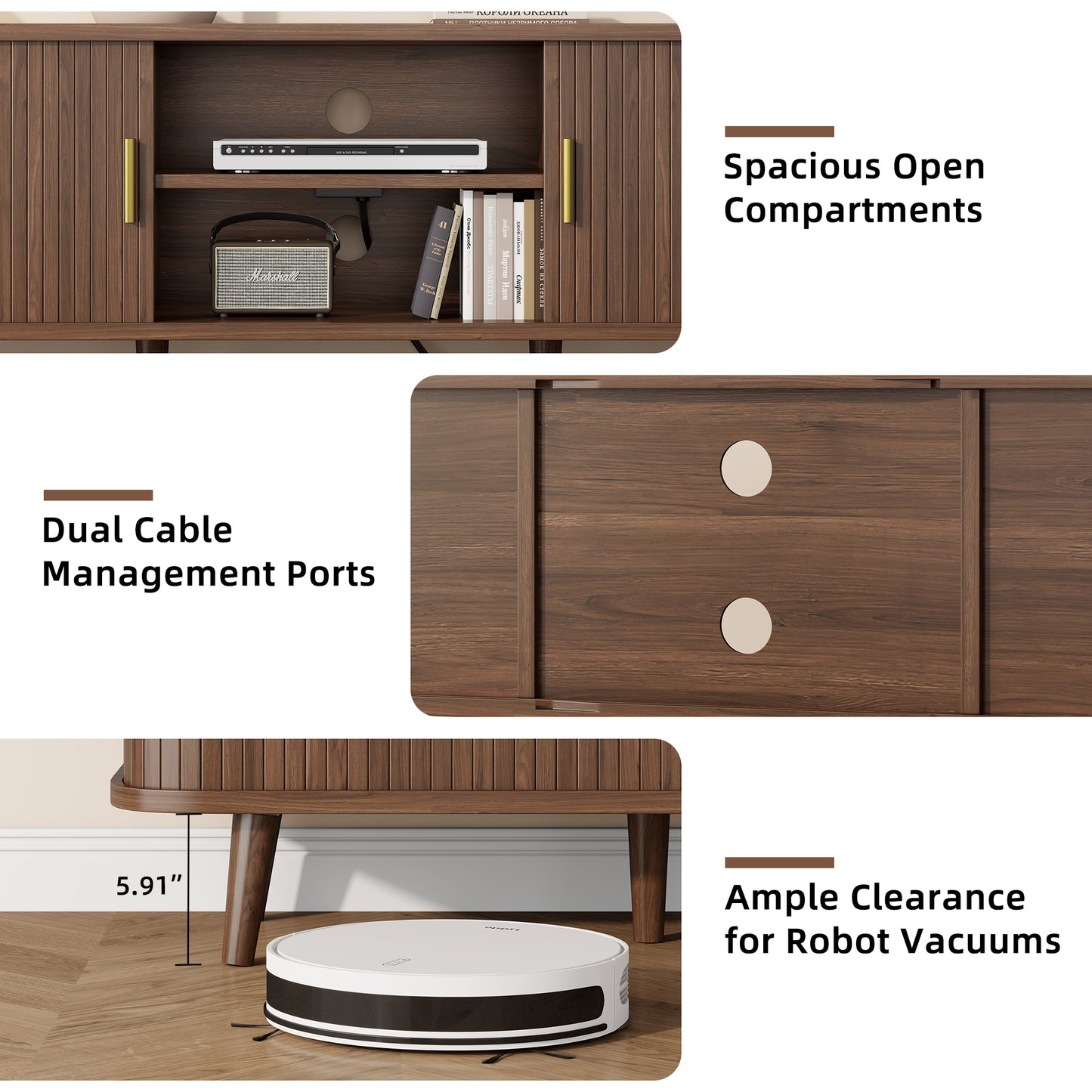 LainTene 65 Inch TV Stand with Sliding Doors – Modern Fluted Media Console for Living Room, Power Outlets (2 USB + 2 AC), Adjustable Shelves, Walnut Entertainment Center
