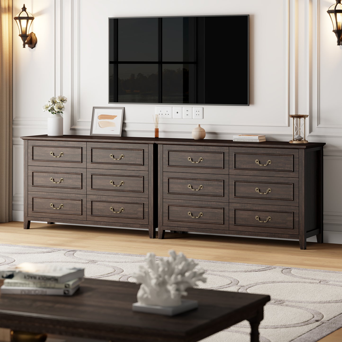 Laintene Farmhouse 6-Drawer Dresser - Rustic Wood Dresser with Antique Bronze Handles, Vintage Storage Chest for Bedroom, Living Room & Entryway