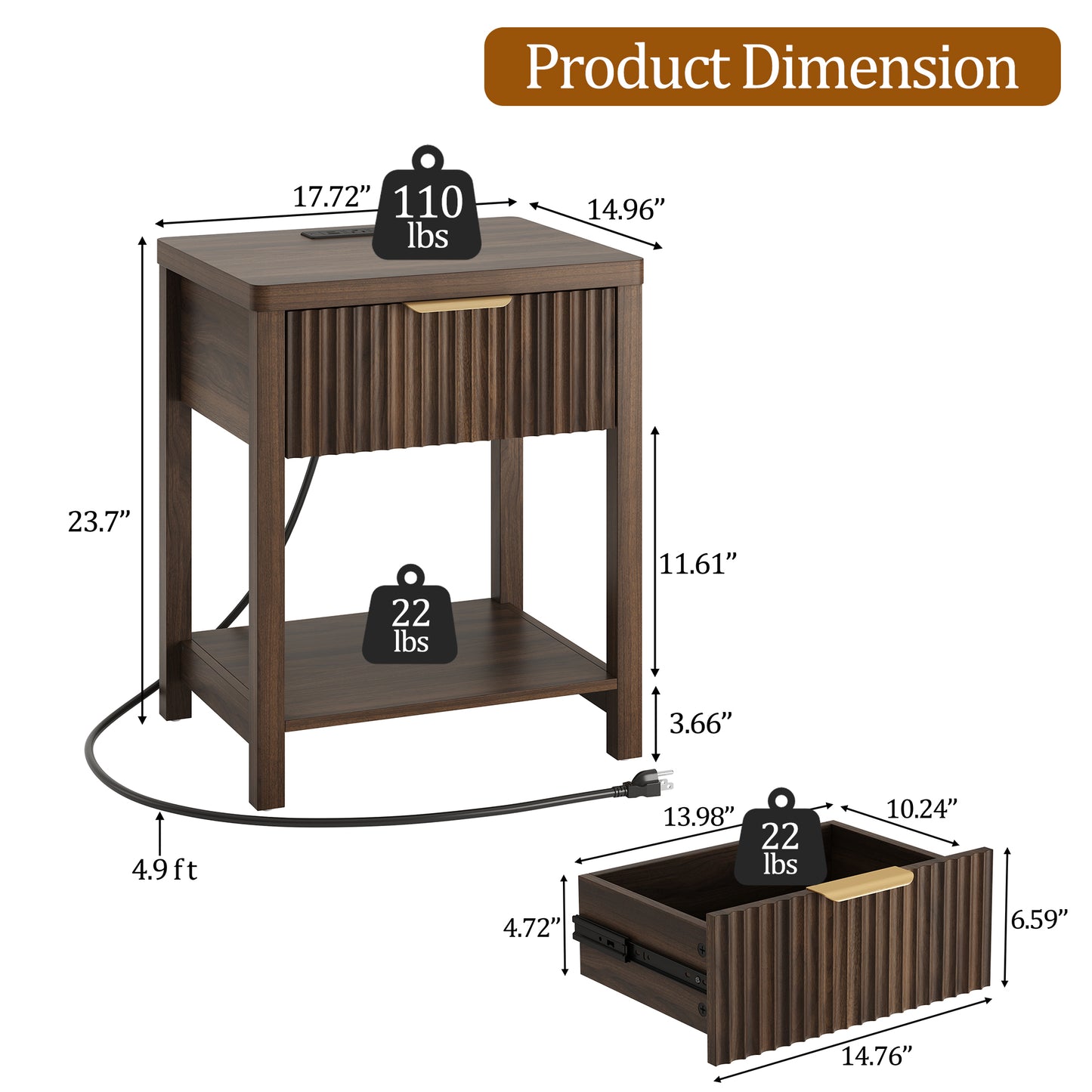 Laintene Fluted Nightstand with Charging Station - Modern Bedside Table with Drawer & Open Shelf, 2 AC Outlets + USB &Type-C for Bedroom & Living Room, Walnut