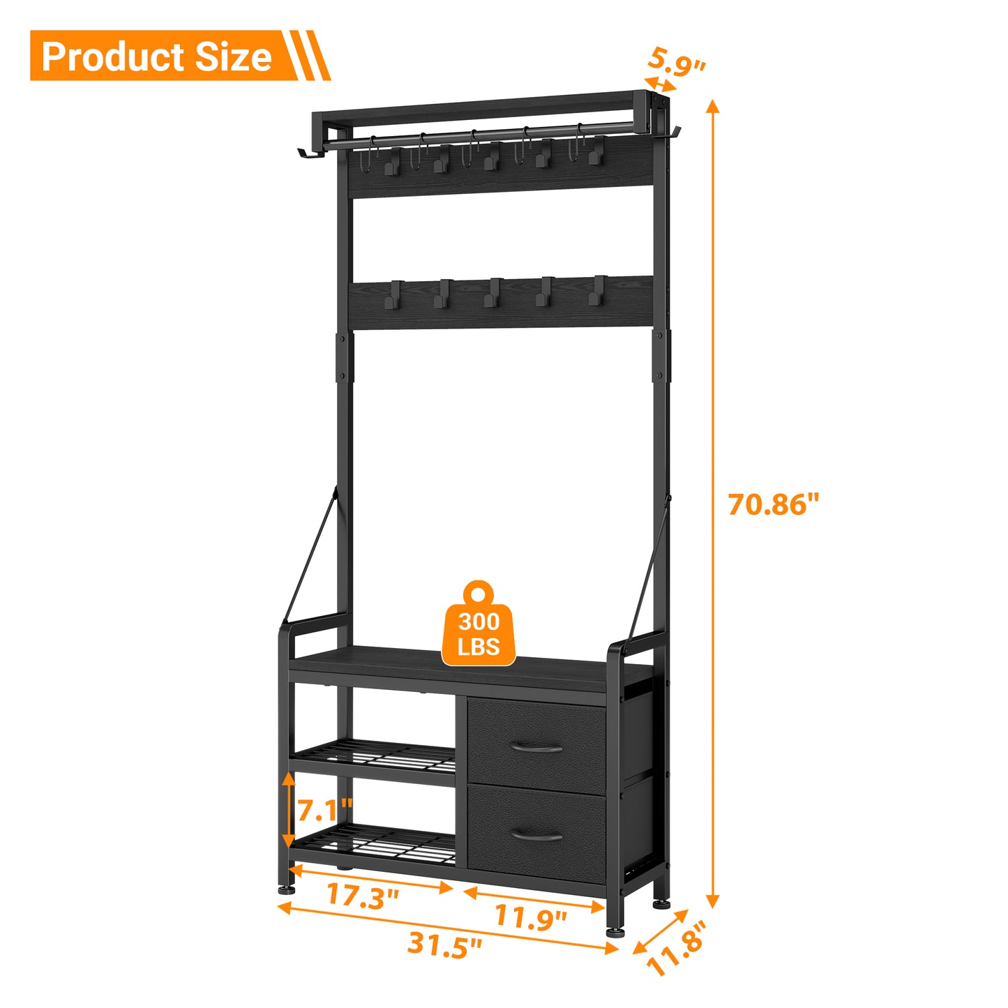Laintene Hall Tree with Bench - 6-in-1 Industrial 31.5" Entryway Organizer, 17 Adjustable Hooks & 2 Drawers, Hanging Rod & Top Shelf, 300lb Weight Capacity for Hallway and Living Room, Black
