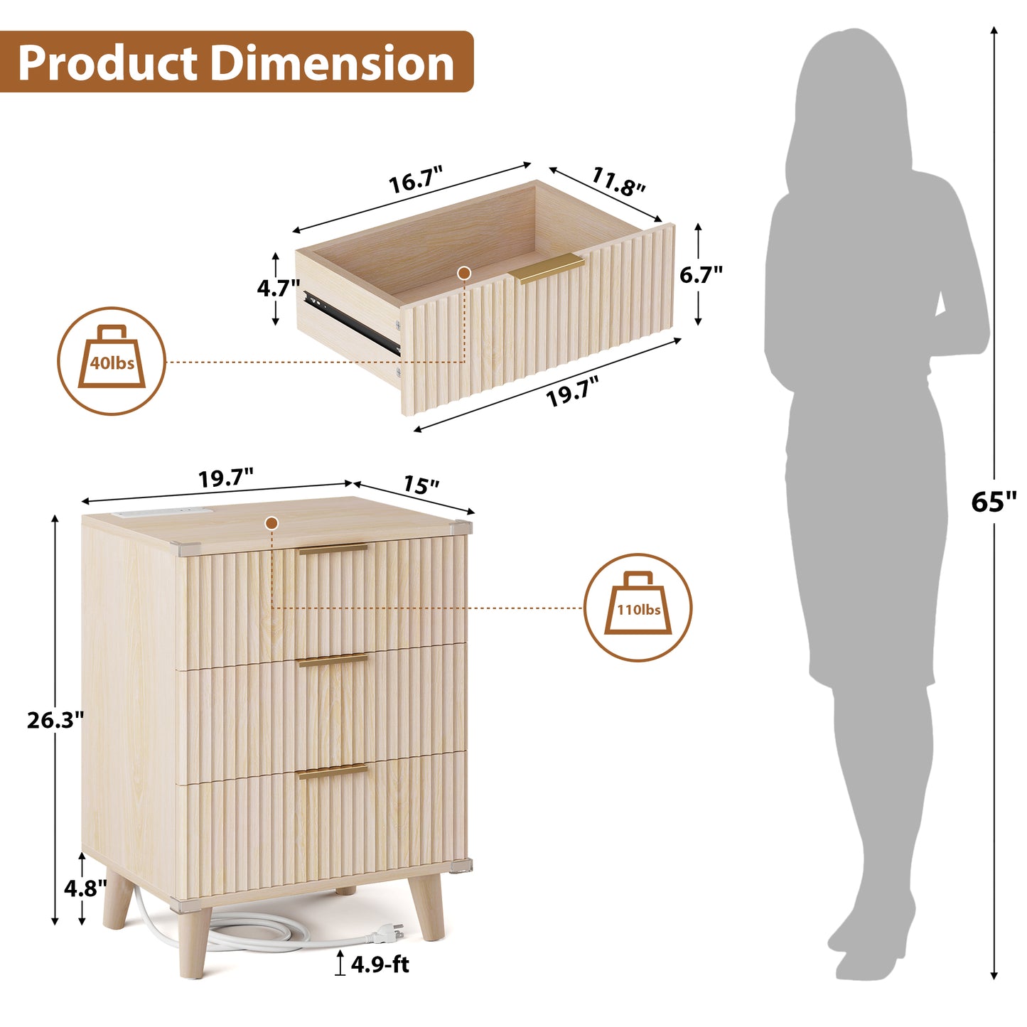 Laintene 3-Drawer Dresser Set of 2, Nightstand with Charging Station - Modern Fluted with Solid Wood Legs, 2 AC Outlets & 2 USB Ports, Small End Table with Storage, Natural
