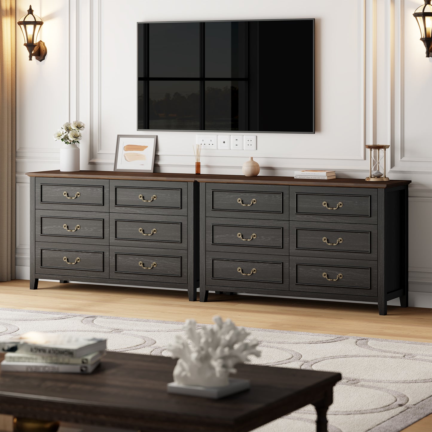 LainTene Farmhouse 6-Drawer Dresser - Rustic Black Wood Dresser with Antique Bronze Handles, Vintage Storage Chest for Bedroom, Living Room & Entryway