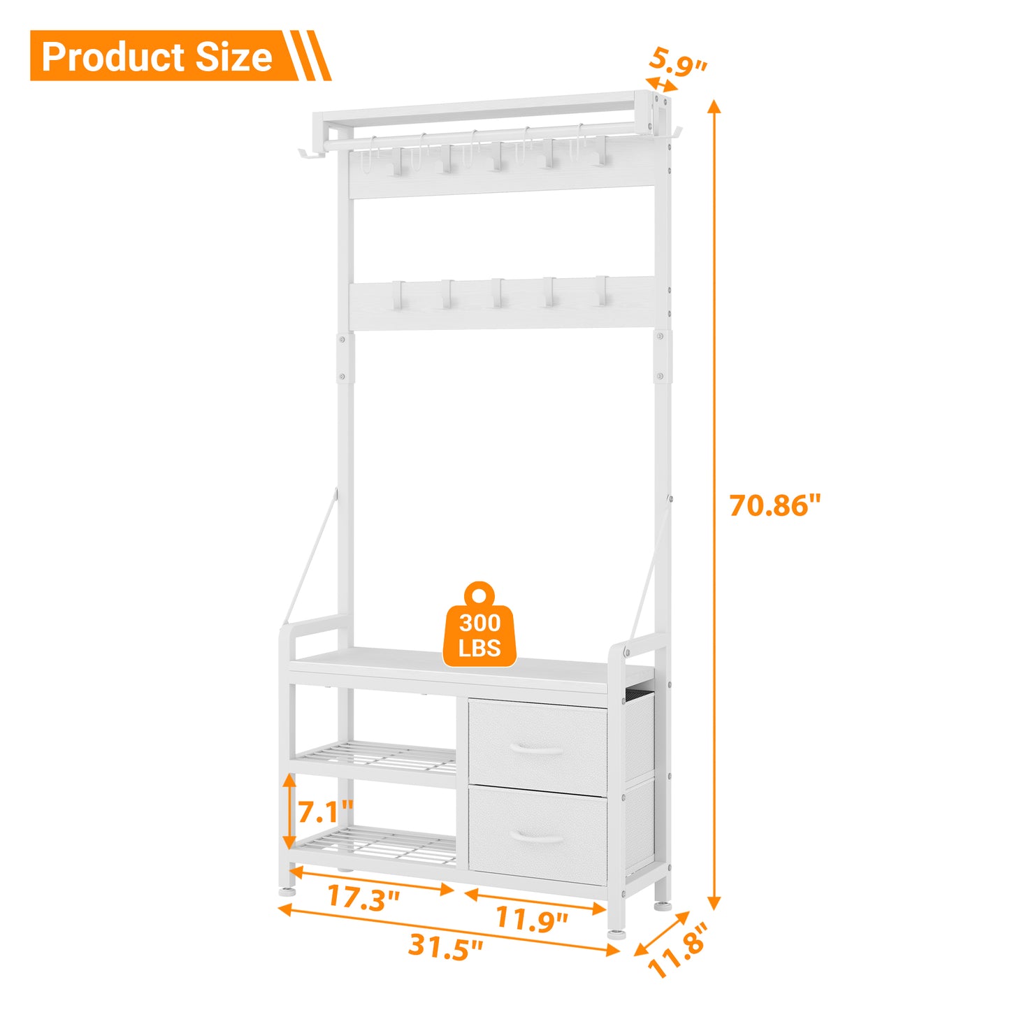 Laintene Hall Tree with Bench - 6-in-1 Industrial 31.5" Entryway Organizer, 17 Adjustable Hooks & 2 Drawers, Hanging Rod & Top Shelf, 300lb Weight Capacity for Hallway and Living Room, White