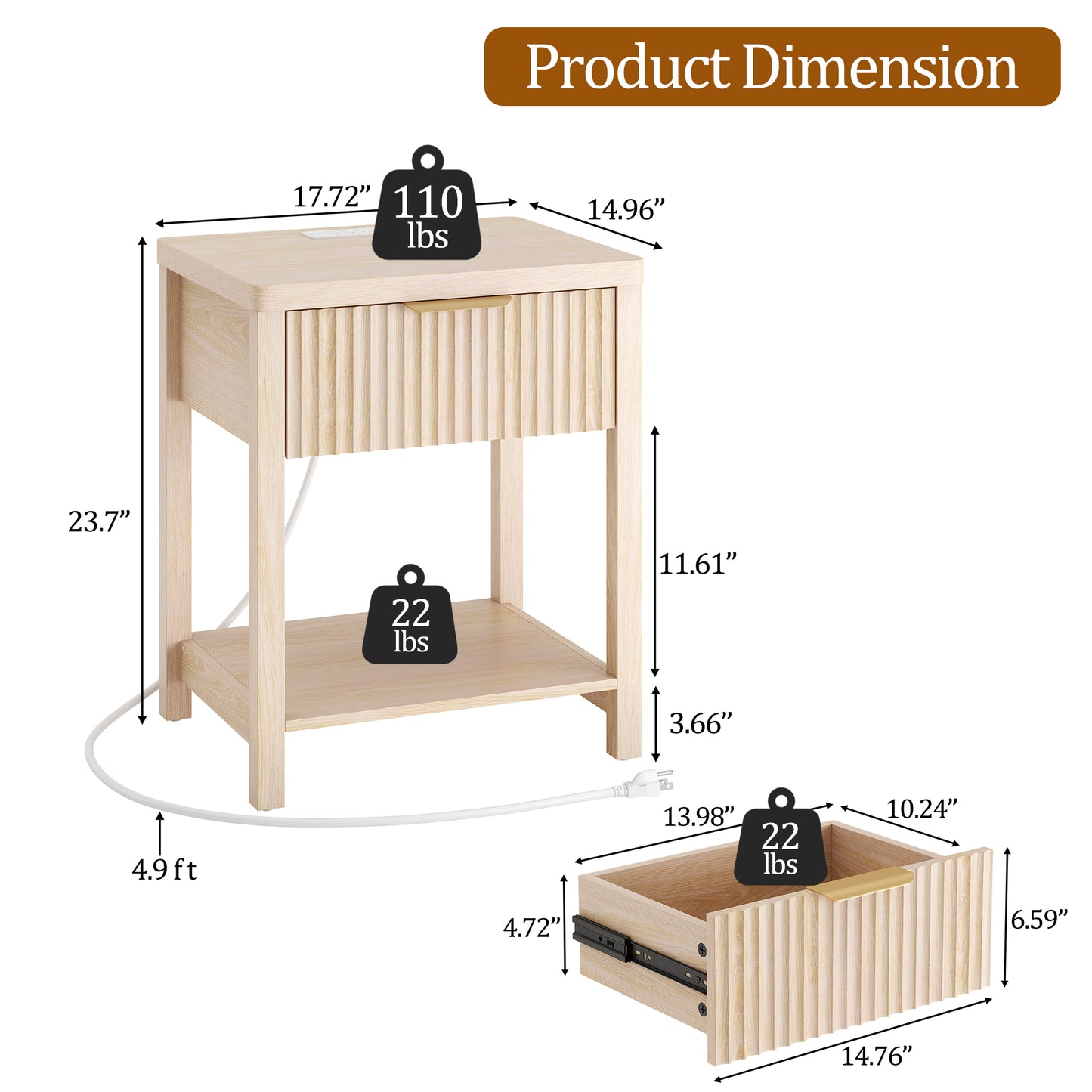 Laintene 3-Piece Boho Bedroom Set - 6-Drawer Dresser & 2 Nightstands with Drawer & USB Charging, Fluted Wooden Storage, Modern Dresser & Nightstand Combo, Natural