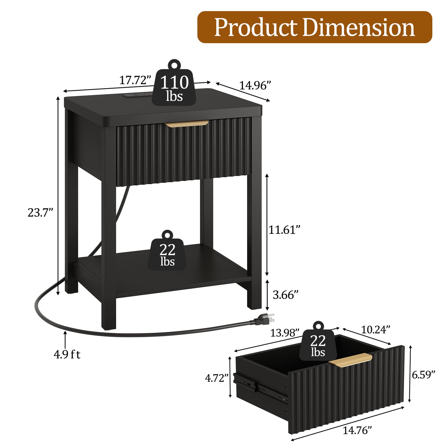 Laintene Fluted Nightstand Set of 2 - Modern Bedside Table with Drawer & Open Shelf, 2 AC Outlets + USB &Type-C for Bedroom & Living Room, Black