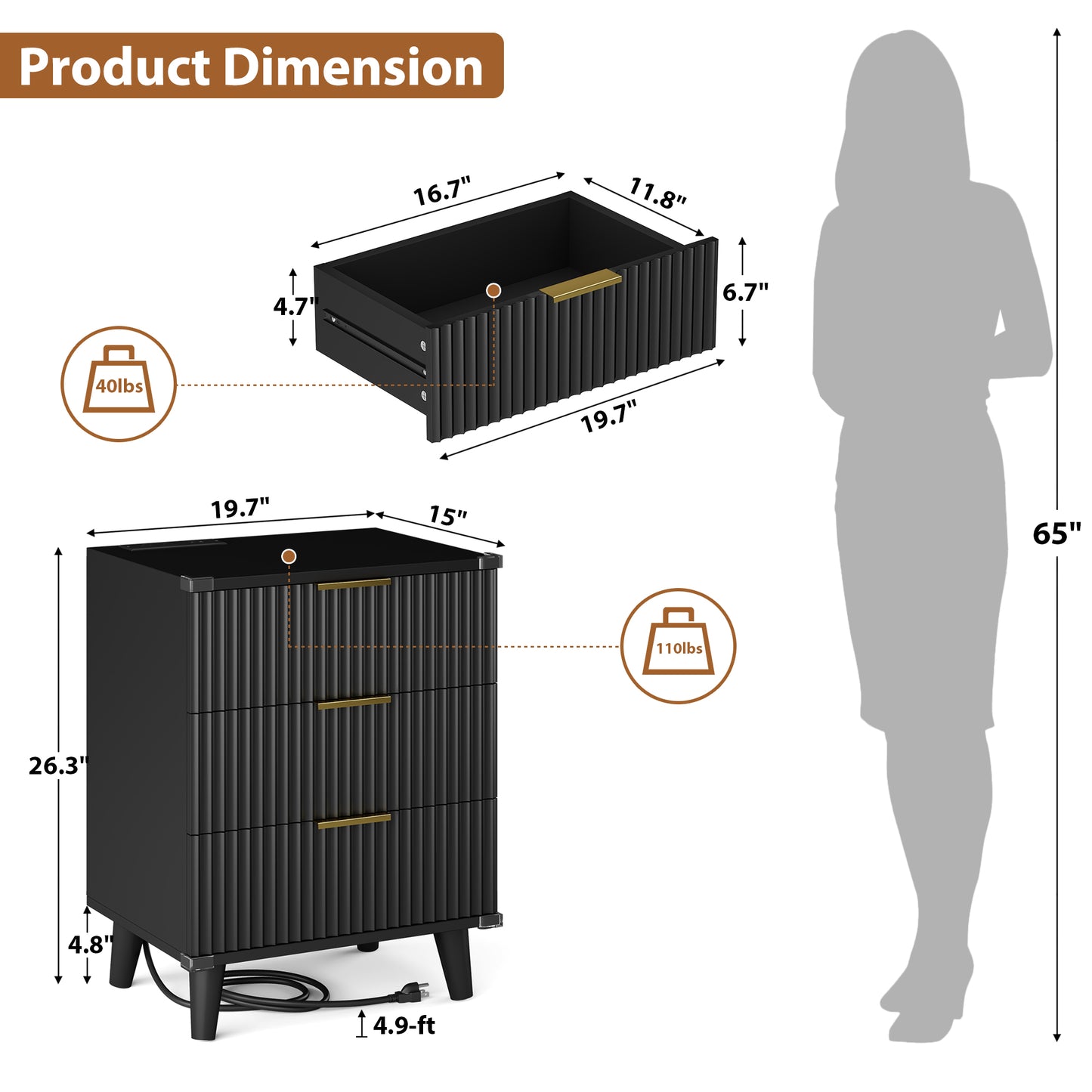 Laintene 3-Drawer Dresser Set of 2, Nightstand with Charging Station - Modern Fluted with Solid Wood Legs, 2 AC Outlets & 2 USB Ports, Small End Table with Storage, Black