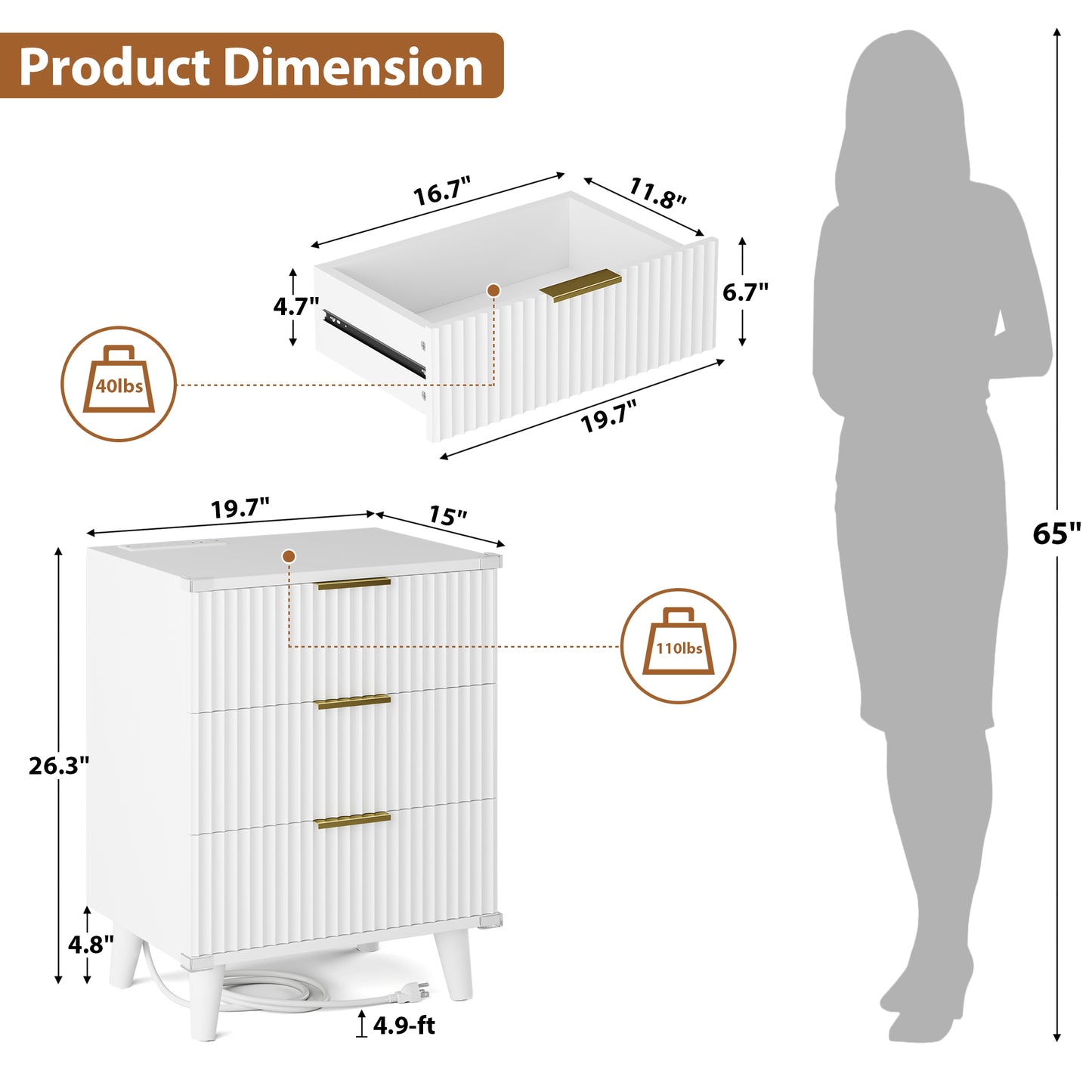 Laintene 3-Drawer Dresser Set of 2, Nightstand with Charging Station - Modern Fluted with Solid Wood Legs, 2 AC Outlets & 2 USB Ports, Small End Table with Storage, White