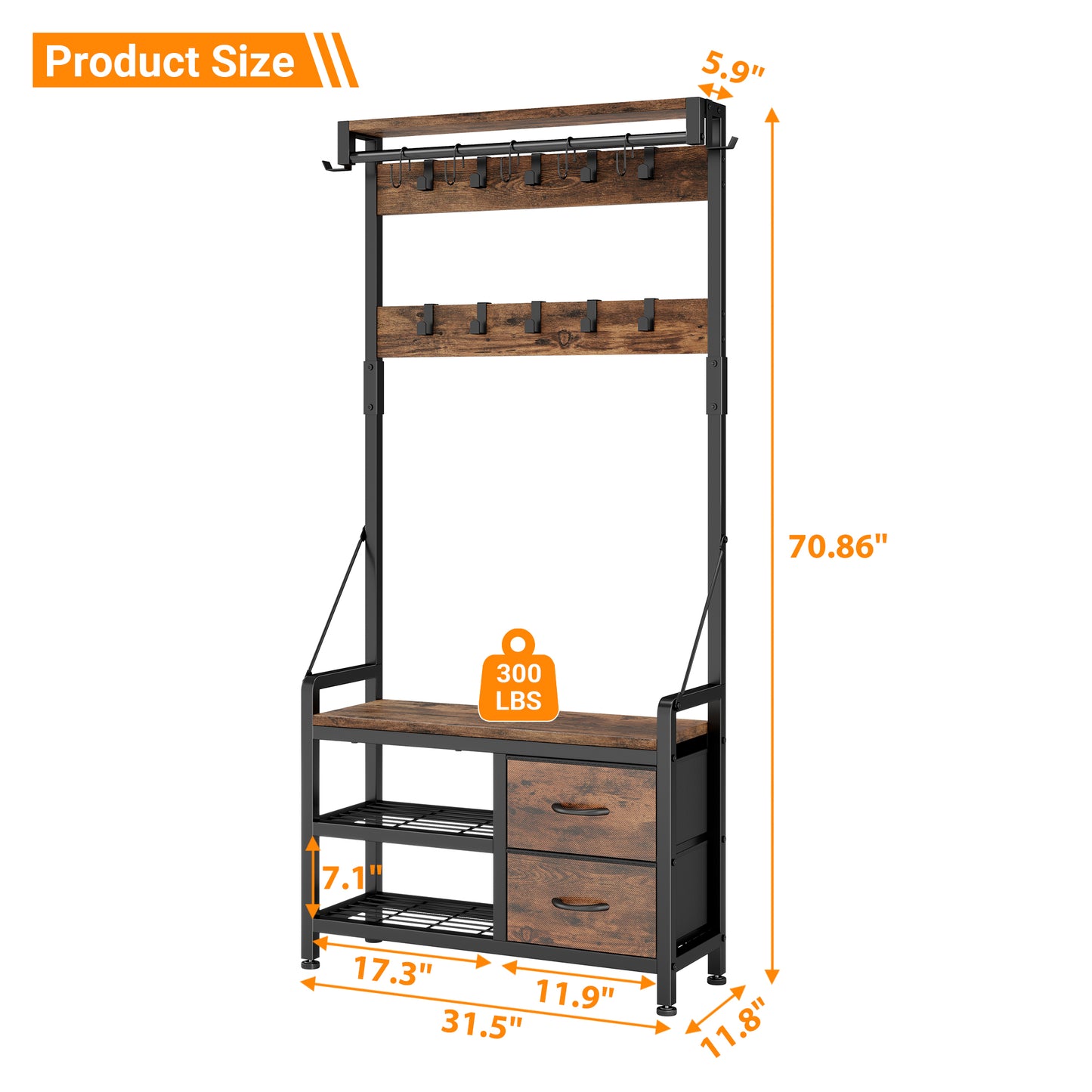Laintene Hall Tree with Bench - 6-in-1 Industrial 31.5" Entryway Organizer, 17 Adjustable Hooks & 2 Drawers, Hanging Rod & Top Shelf, 300lb Weight Capacity for Hallway and Living Room, Rustic Brown