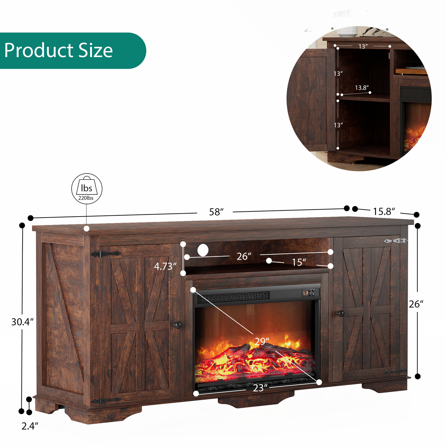 Laintene TV Stand with Fireplace for 65" TV, Electric Fireplace Entertainment Center with Storage Cabinets & Adjustable Shelves, 1400W Heater Farmhouse TV Stand for Living Room, Brown