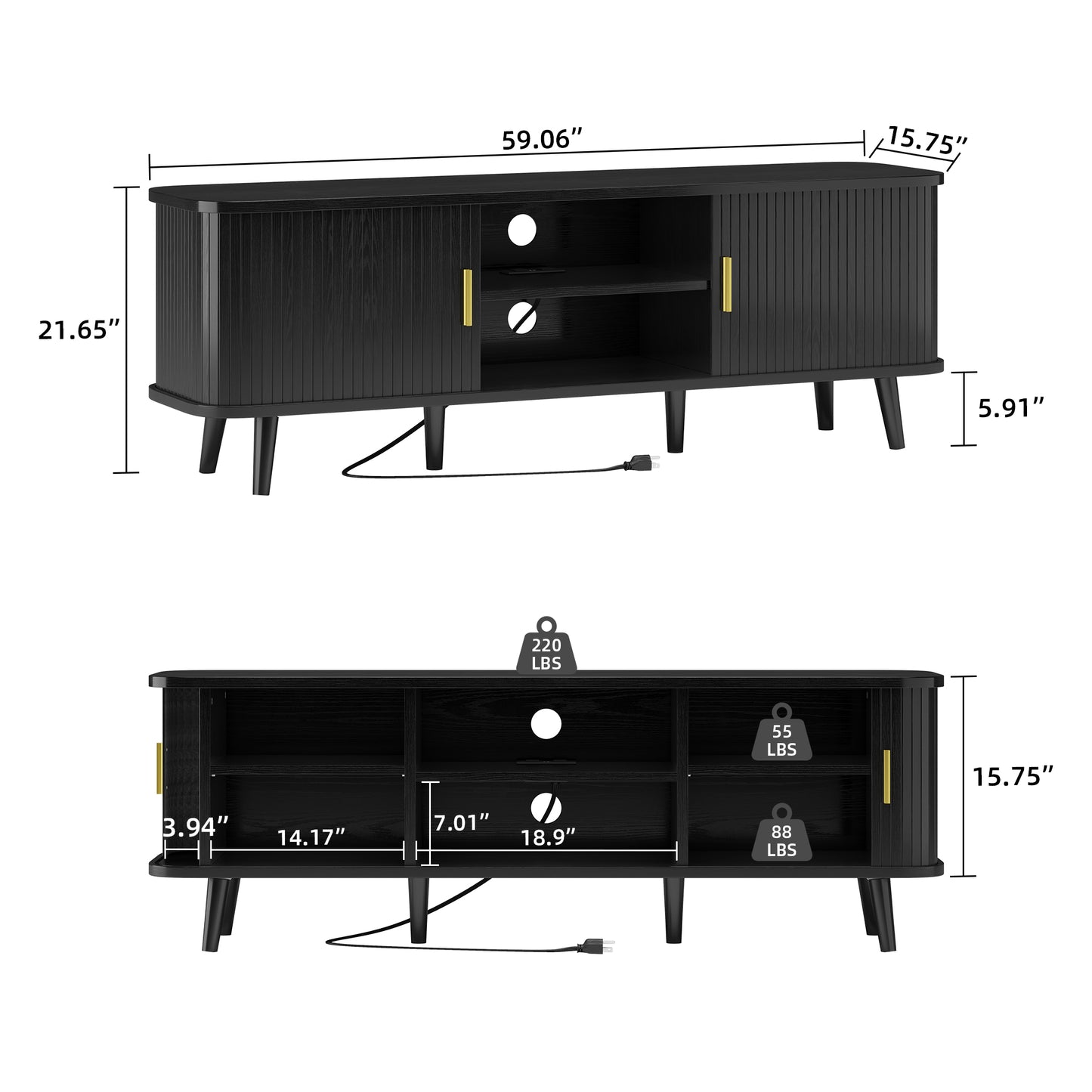LainTene 65 Inch TV Stand with Sliding Doors – Modern Fluted Media Console for Living Room, Power Outlets (2 USB + 2 AC), Adjustable Shelves, Black Entertainment Center