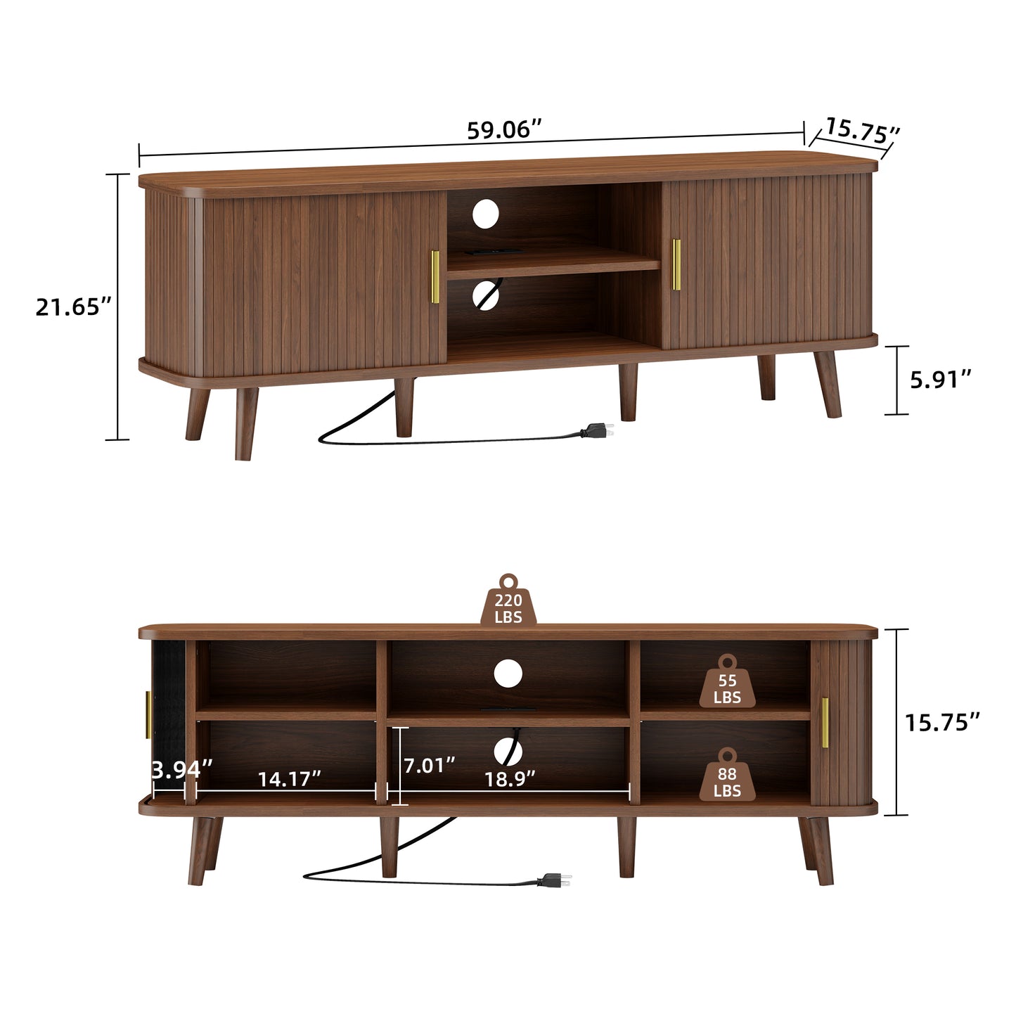 LainTene 65 Inch TV Stand with Sliding Doors – Modern Fluted Media Console for Living Room, Power Outlets (2 USB + 2 AC), Adjustable Shelves, Walnut Entertainment Center