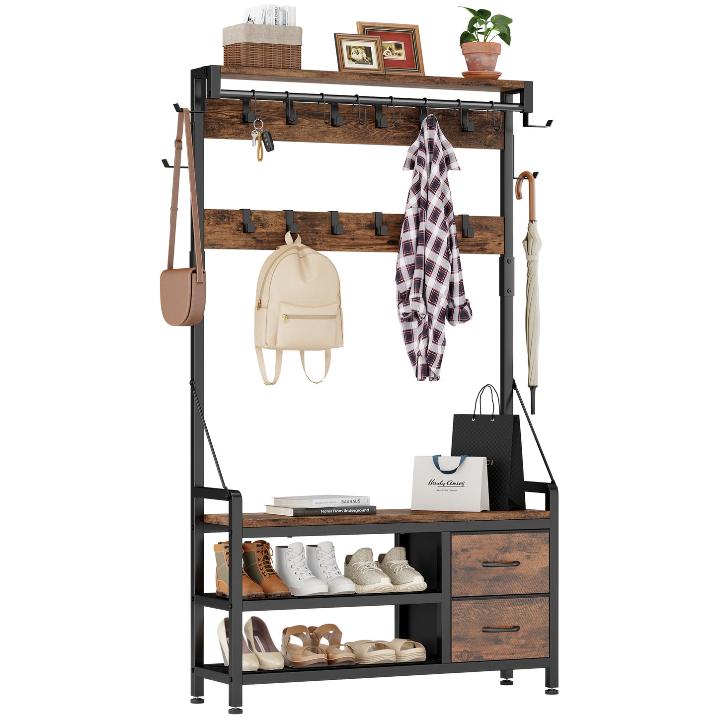 Laintene Hall Tree with Bench - 6-in-1 Wider 39.4" Entryway Organizer, 24 Adjustable Hooks & 2 Drawers, Hanging Rod & Top Shelf, 300lb Weight Capacity for Hallway and Living Room, Rustic Brown