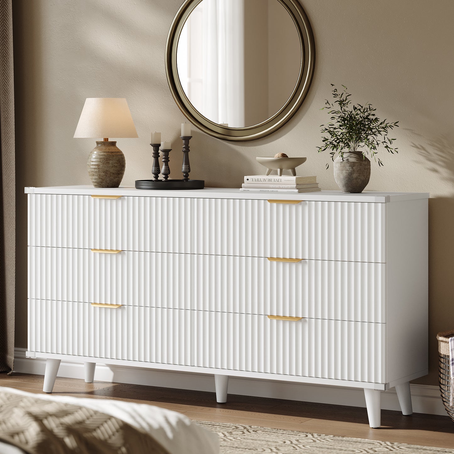 Laintene 6 Drawer Dresser for Bedroom – Solid Wood Fluted Storage Cabinet with Metal Handles, Modern Wave Design for Bedroom, Living Room & Entryway, White