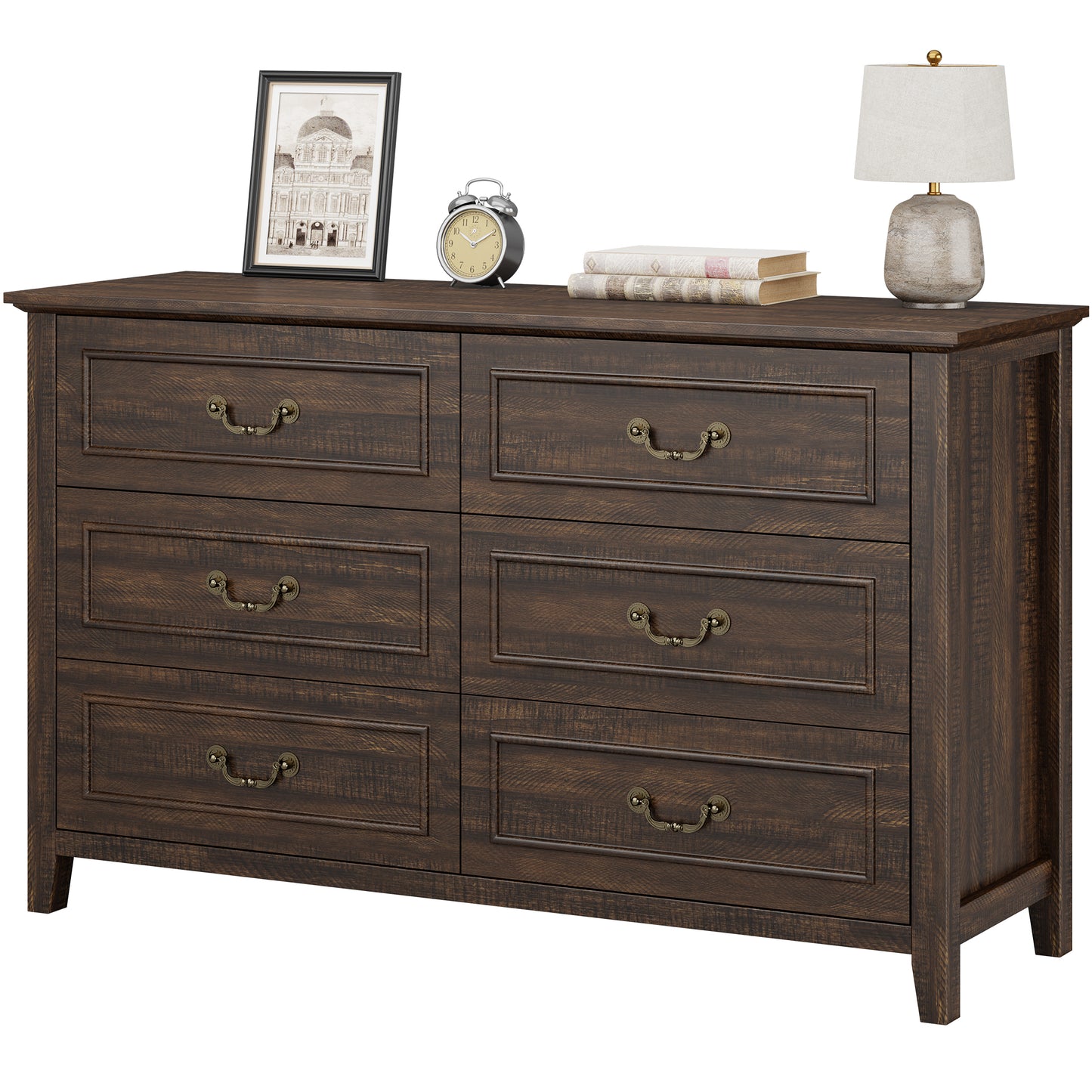 Laintene Farmhouse 6-Drawer Dresser - Rustic Wood Dresser with Antique Bronze Handles, Vintage Storage Chest for Bedroom, Living Room & Entryway