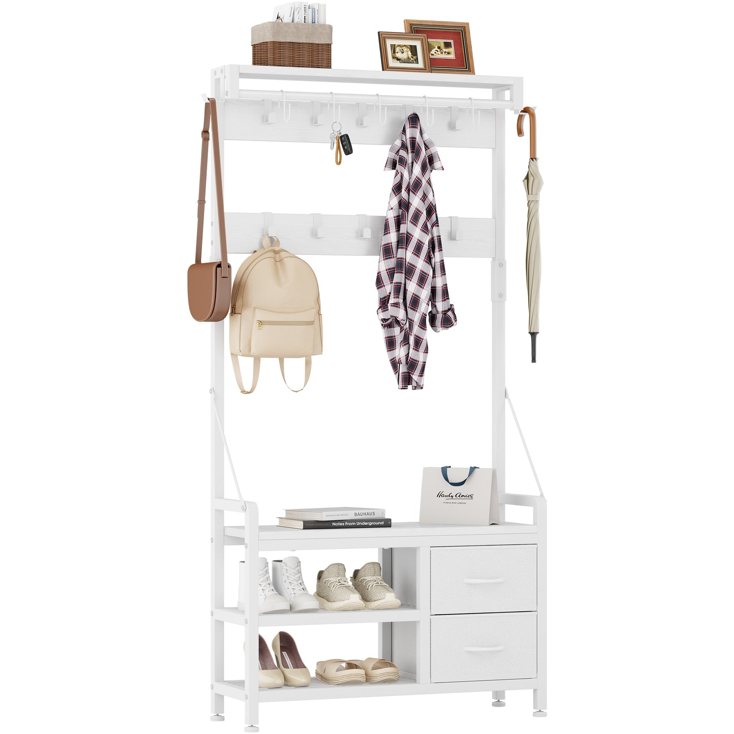 Laintene Hall Tree with Bench - 6-in-1 Industrial 31.5" Entryway Organizer, 17 Adjustable Hooks & 2 Drawers, Hanging Rod & Top Shelf, 300lb Weight Capacity for Hallway and Living Room, White